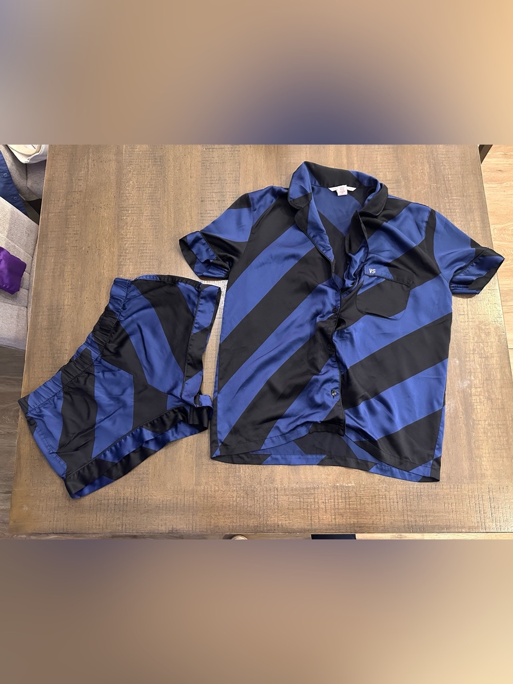 Victoria's Secret Blue and Black Diagonal Satin Button-Front Top